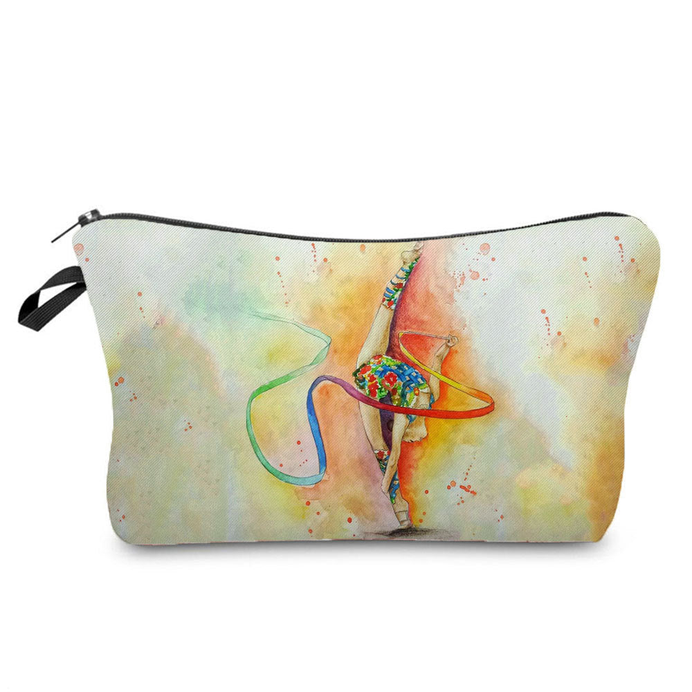 A rectangular zippered pouch with a black zipper and a small black hanging loop, featuring a colorful artistic print of a gymnast with a ribbon on a watercolor-style cream and yellow background.